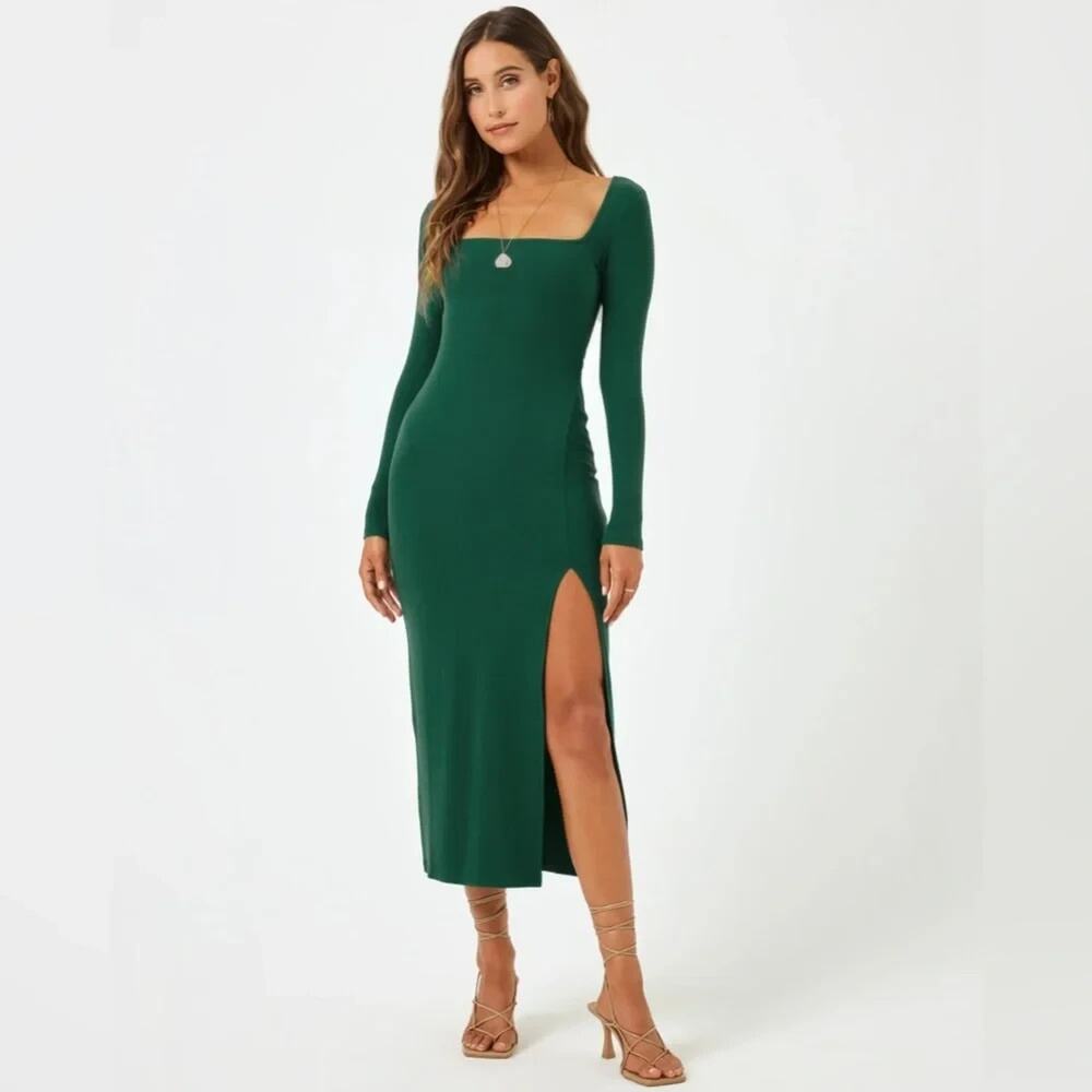 L*SPACE Windsor Midi Dress Emerald Green Ribbed Square Neck Side Slit Large